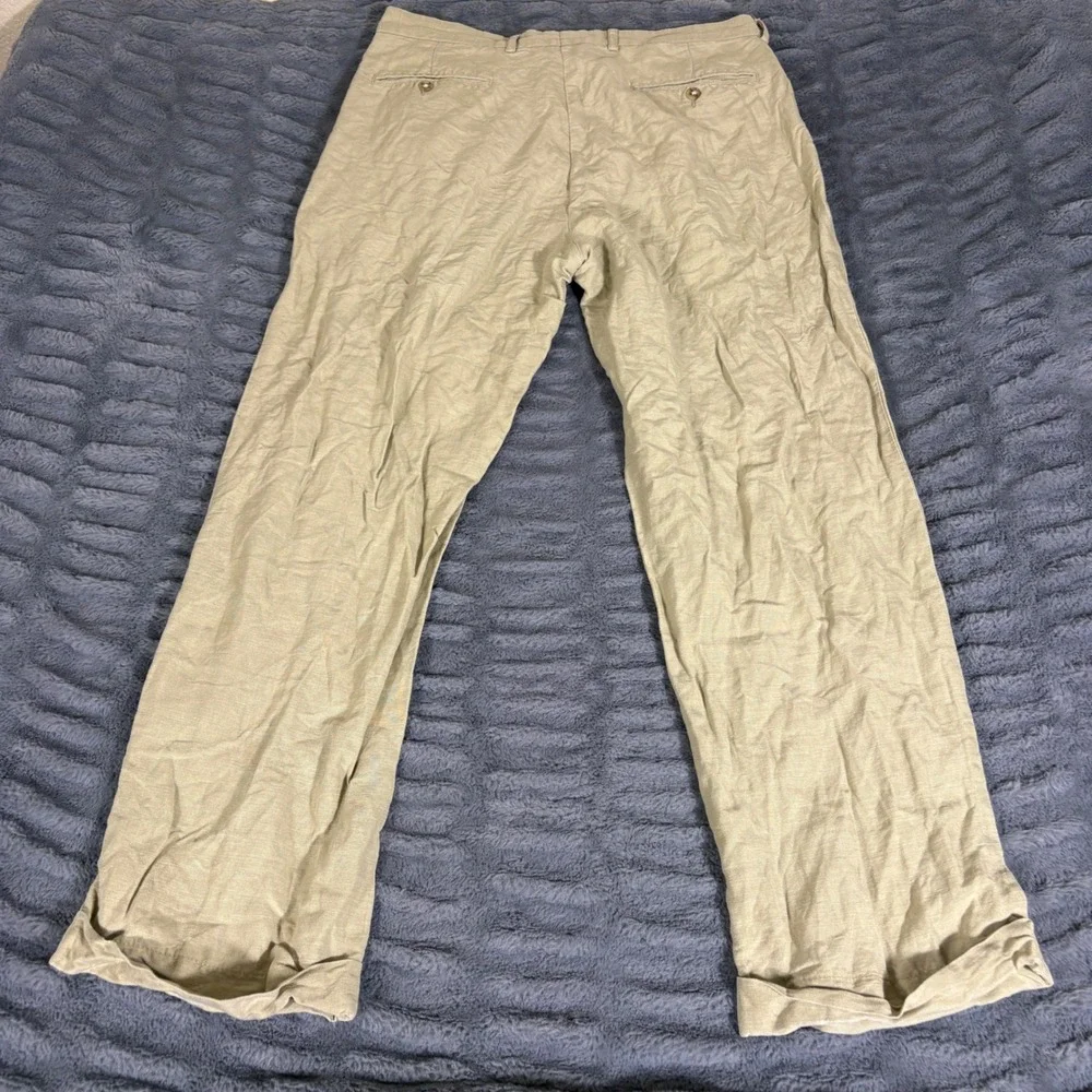 Jos A Bank Mens 35x32 Linen Tencel Pleated Cuffed Dress Pants Khaki Tan AQ370